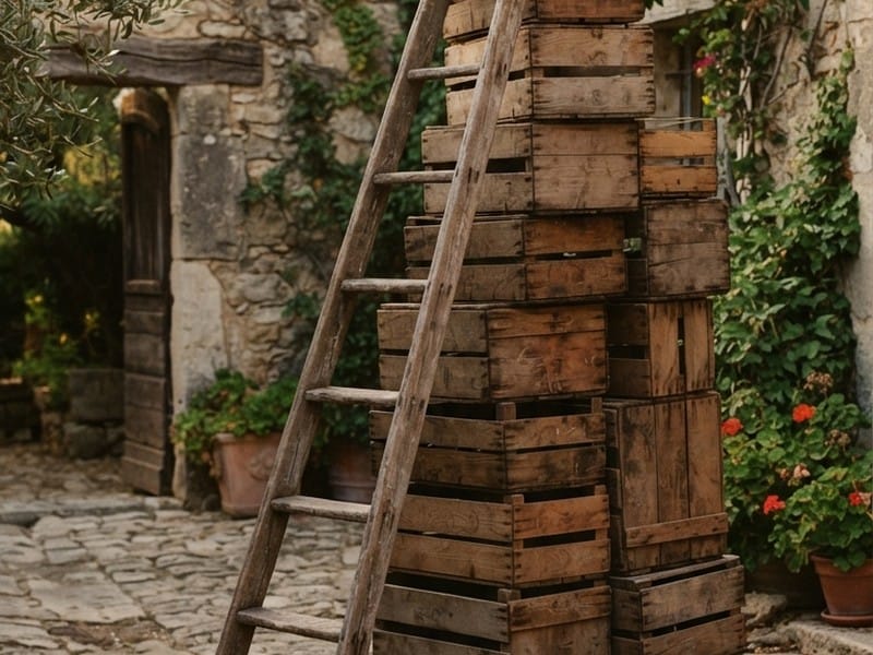 A tall stack of wooden crates stands beside a leaning wooden ladder in a cobblestone courtyard outside a stone building surrounded by potted plants.