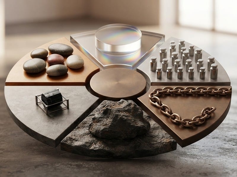 A circular segmented structure featuring different materials on each wedge, including river stones, a glass disc, metal weights, a metal chain, a rough rock, and a framed mineral specimen.