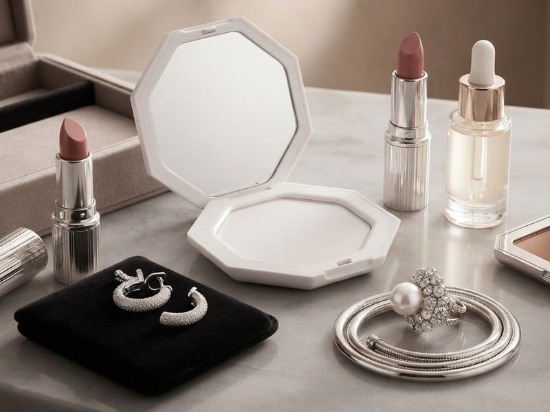 An open white octagonal compact mirror, two tubes of pink lipstick, a dropper bottle, and diamond and pearl jewelry resting on a table.