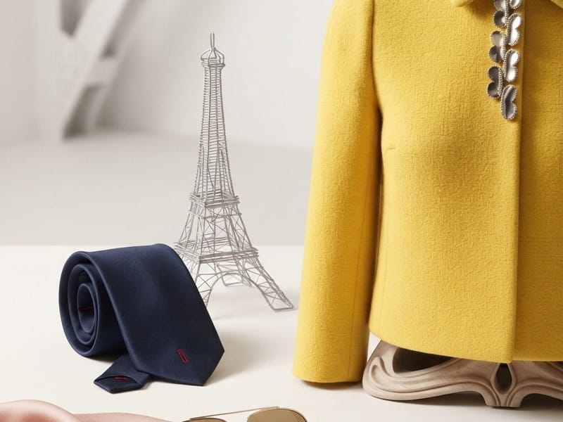 A rolled dark blue necktie, a silver wire model of the Eiffel Tower, and a yellow jacket on a bust display stand arranged on a plain surface.