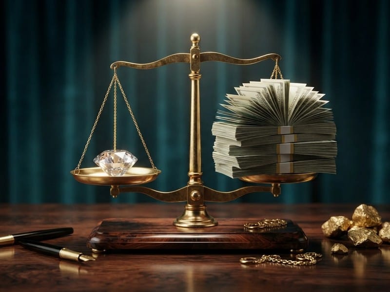A brass balance scale resting on a wooden desk holds a faceted diamond in one pan and stacks of fanned paper currency in the other, with pens and gold nuggets nearby.