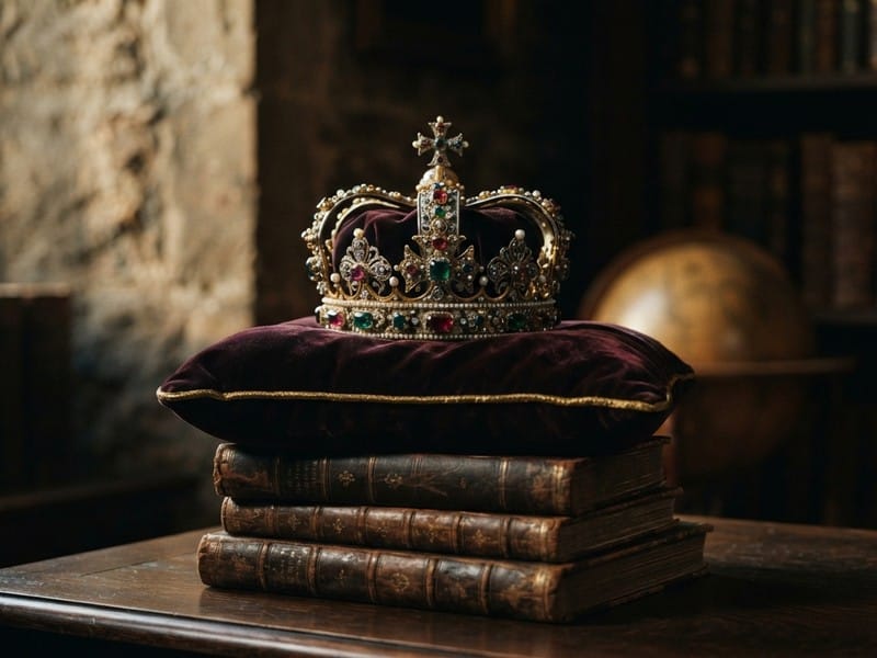 A jeweled gold crown sits atop a velvet cushion, which rests on a stack of three antique leather-bound books on a wooden table.
