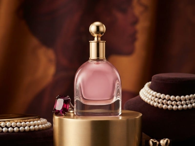 A glass perfume bottle with pink liquid and a gold stopper sits on a gold pedestal alongside pearl necklaces and gemstone jewelry.