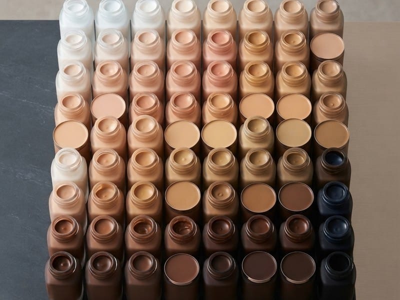 An organized grid of numerous open makeup foundation bottles showcasing a wide spectrum of skin tones from fair to deep.