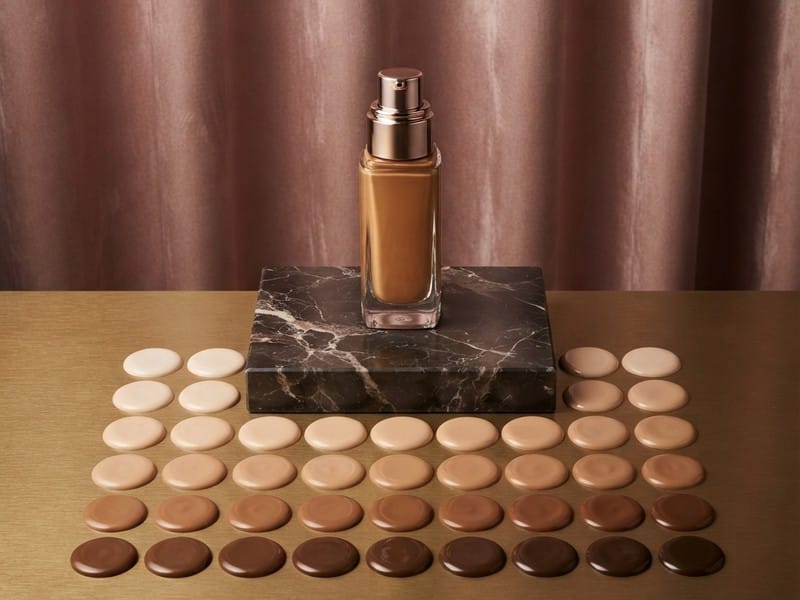 A bottle of liquid foundation stands on a dark marble block surrounded by arranged circular droplets of foundation in various skin tones on a metallic surface.