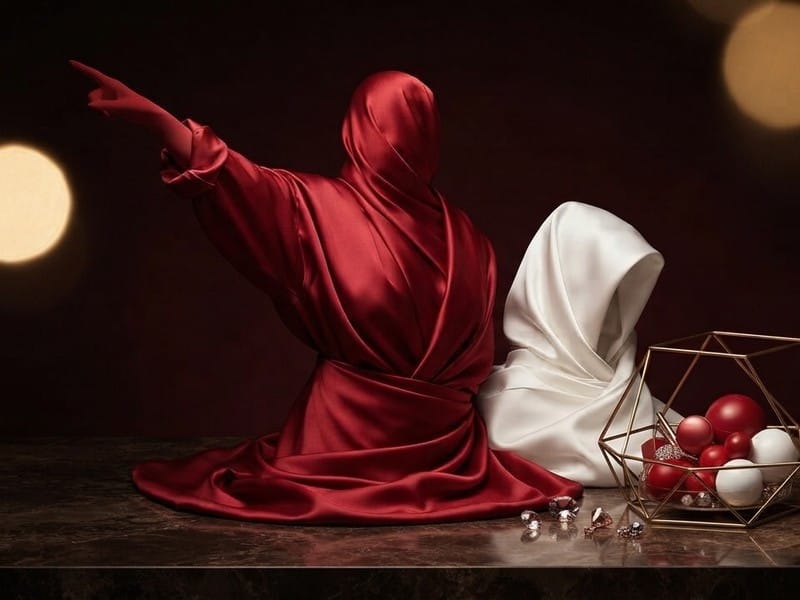 Two fabric-draped headless figures, one in red pointing upward and one in white, beside a geometric wire basket of red and white spheres on a dark polished surface.
