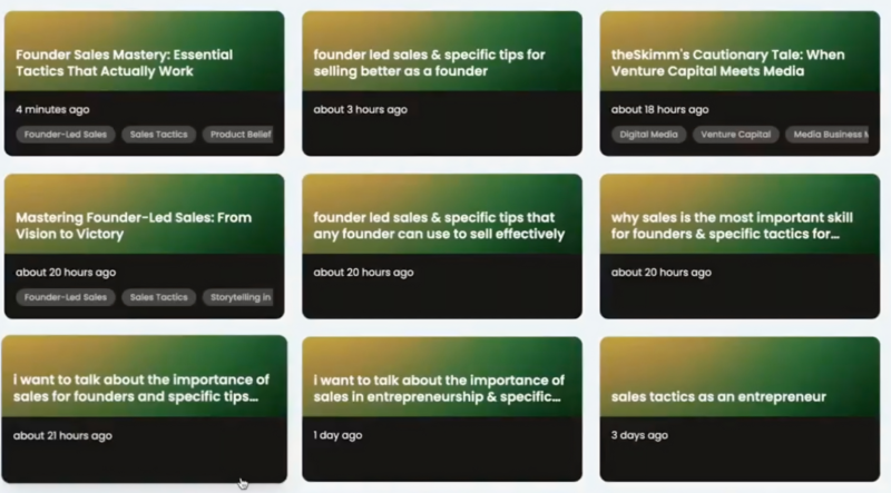 Distro AI content strategist dashboard showing a grid of six article cards on dark green backgrounds