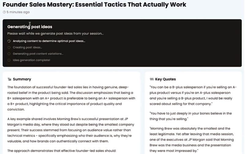 Distro app screen displaying the article Founder Sales Mastery with a generating post ideas panel, summary, and key quotes