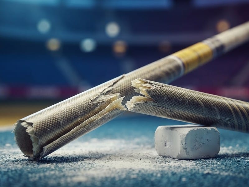 A broken fiberglass pole split into pieces rests on a blue track surface beside a white block of chalk with scattered powder.