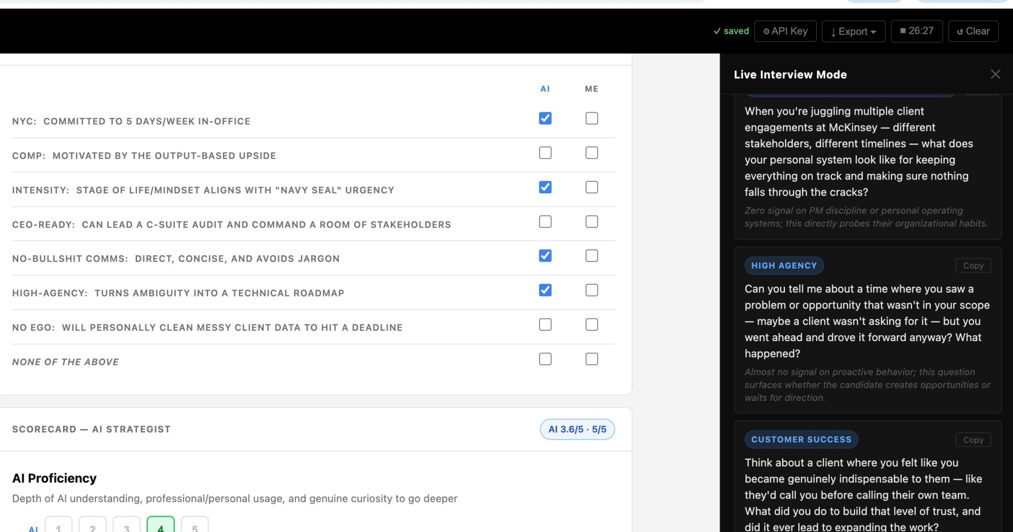 AI interview companion tool showing candidate scorecard with criteria like NYC commitment, intensity, high-agency, and no-bullshit communication. Right panel shows Live Interview Mode with suggested questions for high agency and customer success evaluation.